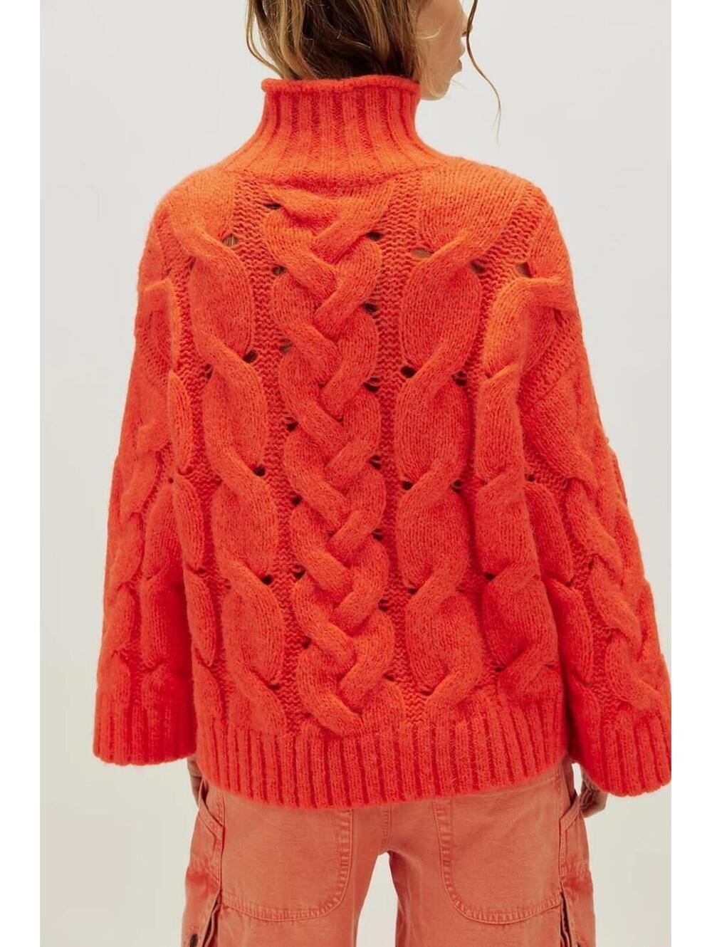 $298 FREE PEOPLE Clementine Soft Spun Cable Knit Pullover Orange Tango Sz L#1250 - Picture 3 of 11